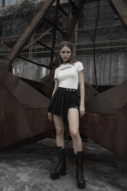 Black Fake Two Pieces Side Metal Buckle Women's Punk Skirt