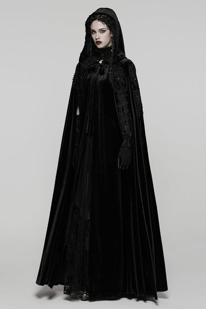 Black Floral Embroidery Diamante Velvet Hooded Women's Gothic Cloak