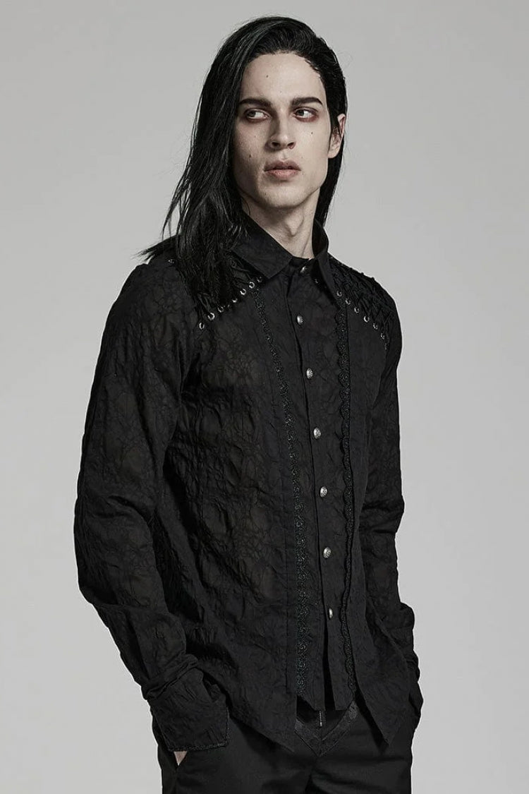 Black Lapel Collar Long Sleeves Lace Mens Daily Gothic Elegant Blouse