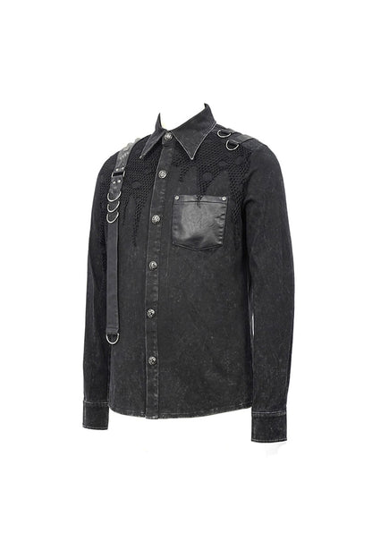 Black Asymmetric Left Shoulder Loop Mesh Rivet Snap Button Men's Punk Shirt