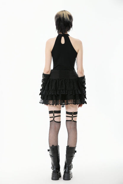 Black Off Shoulder Halterneck Sleeveless Mesh Eyelet Strap Women's Punk Top