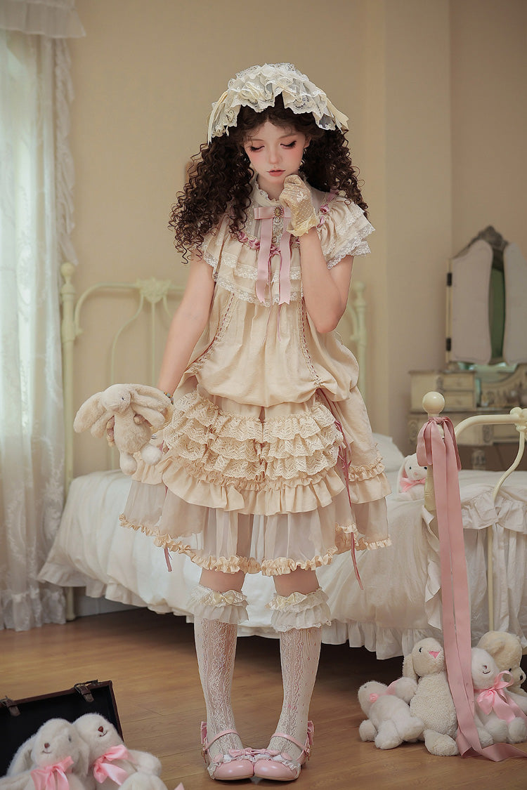 Apricot [Lily's Dream] Stand Collar Short Sleeves Loose-Fit Doll-Like Multi-Layered Ruffled Bow Lace Sweet Lolita Dress 2 Versions
