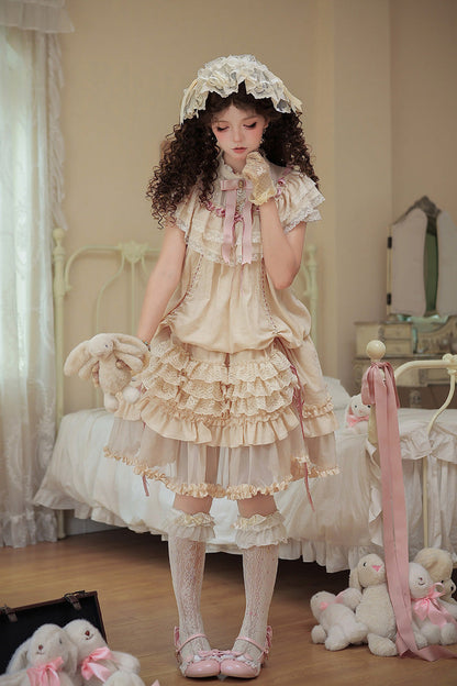 Apricot [Lily's Dream] Stand Collar Short Sleeves Loose-Fit Doll-Like Multi-Layered Ruffled Bow Lace Sweet Lolita Dress 2 Versions