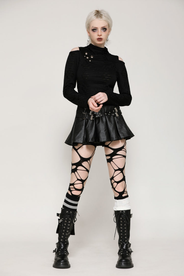 Black Long Sleeves Cut-Out Ripped Zippered Eyelets Women's Punk Distressed Top