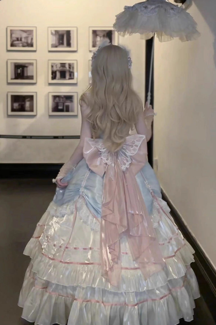 Apricot/Blue/Pink Multi-layer Ruffle Hanayome Bowknot Sweet Princess Gorgeous Long Lolita Jsk Dress