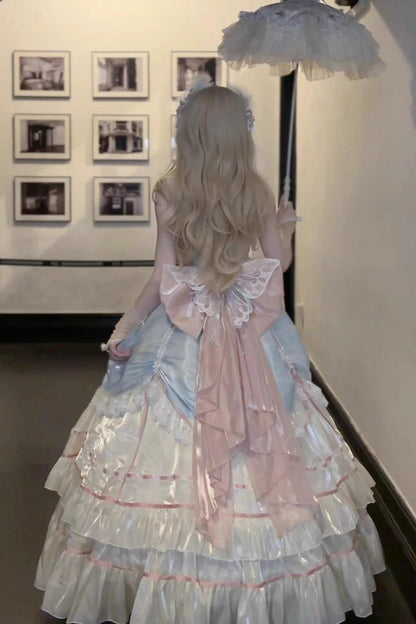 Apricot/Blue/Pink Multi-layer Ruffle Hanayome Bowknot Sweet Princess Gorgeous Long Lolita Jsk Dress