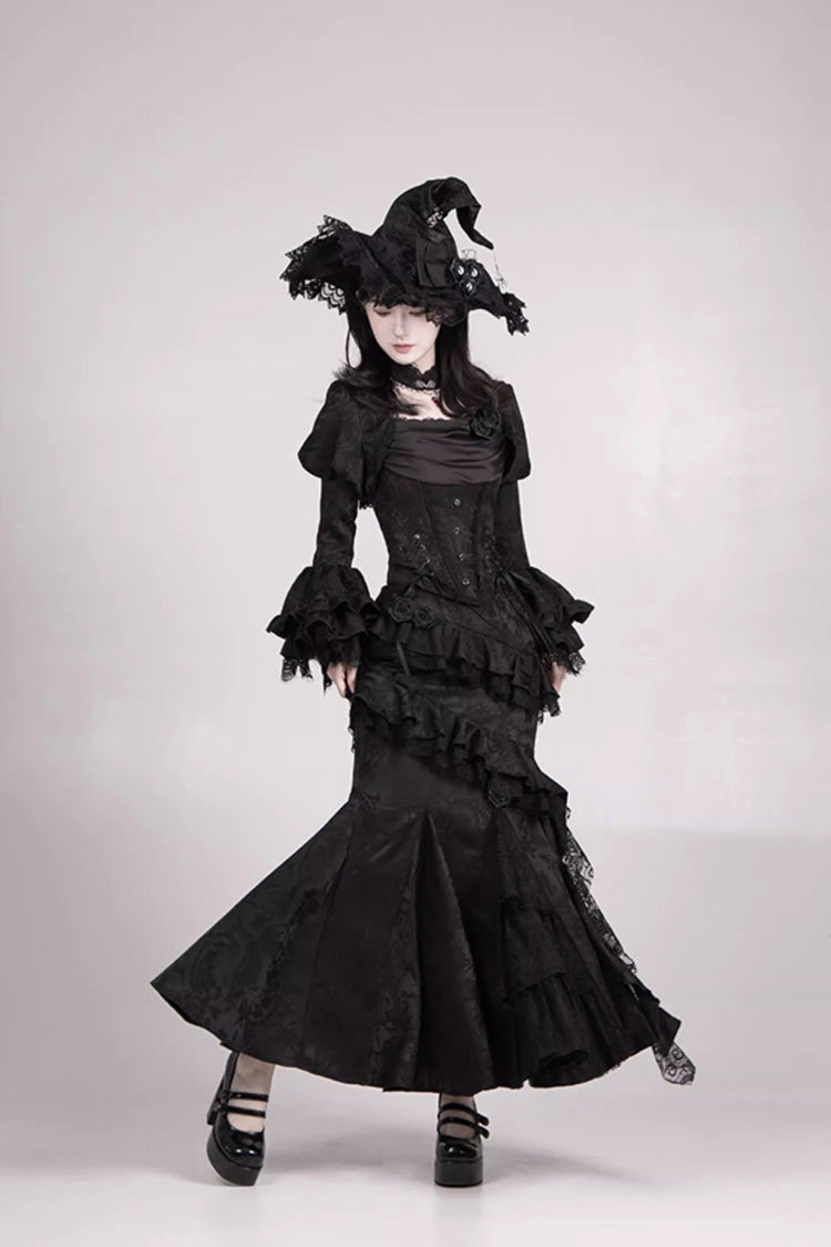 Black  [Letters & Poems · Twilight] Multi-Layered Jacquard Ruffled Witch Gothic Lolita Skirt 2 Versions