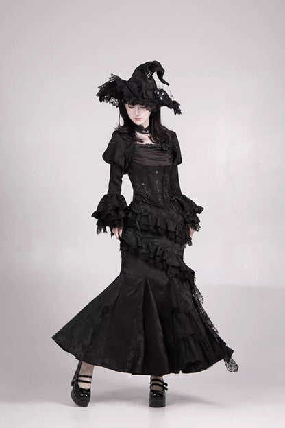 Black  [Letters & Poems · Twilight] Multi-Layered Jacquard Ruffled Witch Gothic Lolita Skirt 2 Versions