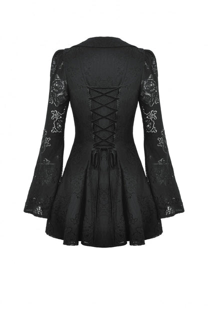 Black Long Trumpet Sleeves Embroidered Lace Lace-Up Women's Gothic Honeymoon Dress