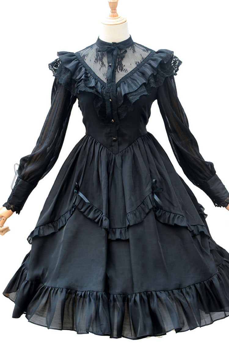 Black Hollow V Neck Long Sleeves Bowknot Hanayome Ruffled Gothic Lolita Dress