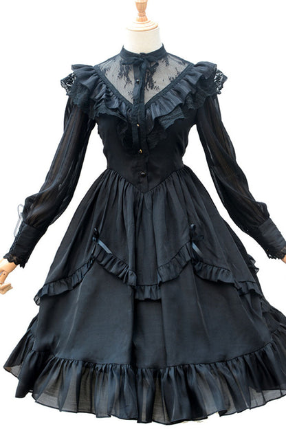 Black Hollow V Neck Long Sleeves Bowknot Hanayome Ruffled Gothic Lolita Dress