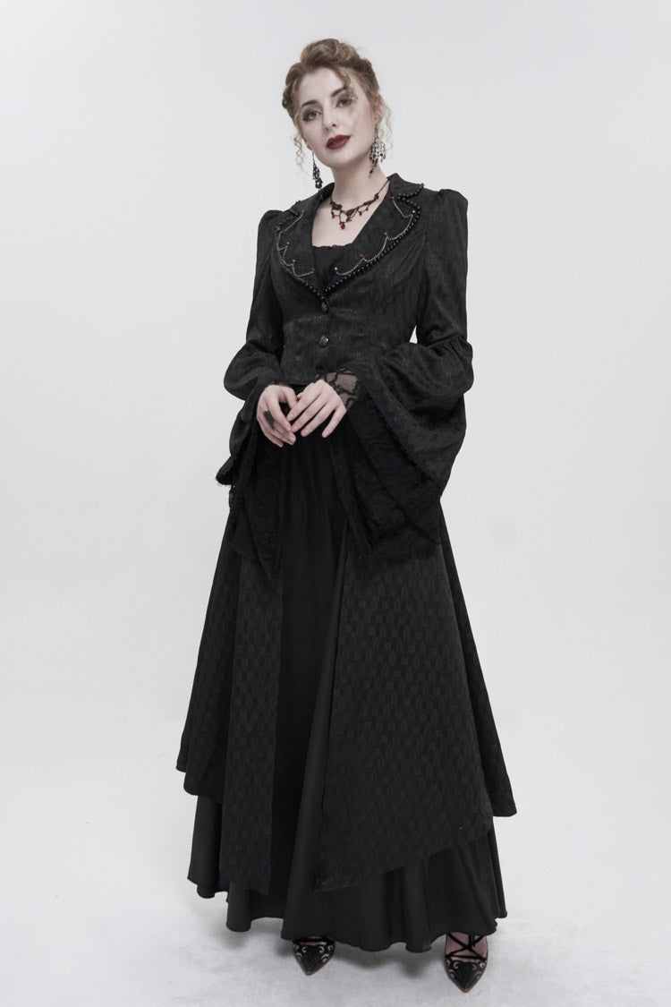 Black Jacquard Short Front Long Back Lapel Bead And Chain Trim Large Cuffs With Lace Trim Back Strap Thin Long Women's Gothic Coat