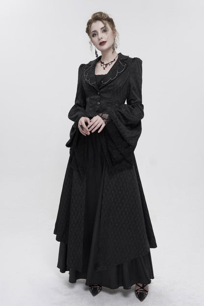 Black Jacquard Short Front Long Back Lapel Bead And Chain Trim Large Cuffs With Lace Trim Back Strap Thin Long Women's Gothic Coat