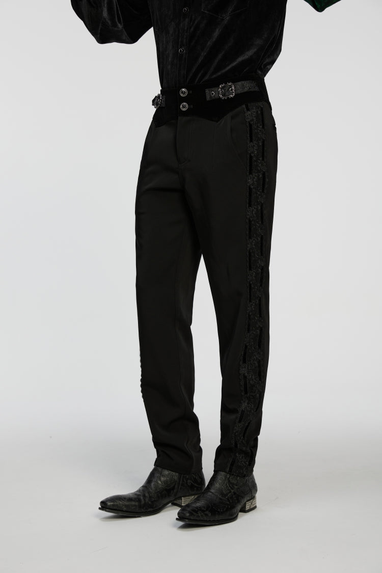 Black Embroidered Lace Buckled Men's Gothic Pants
