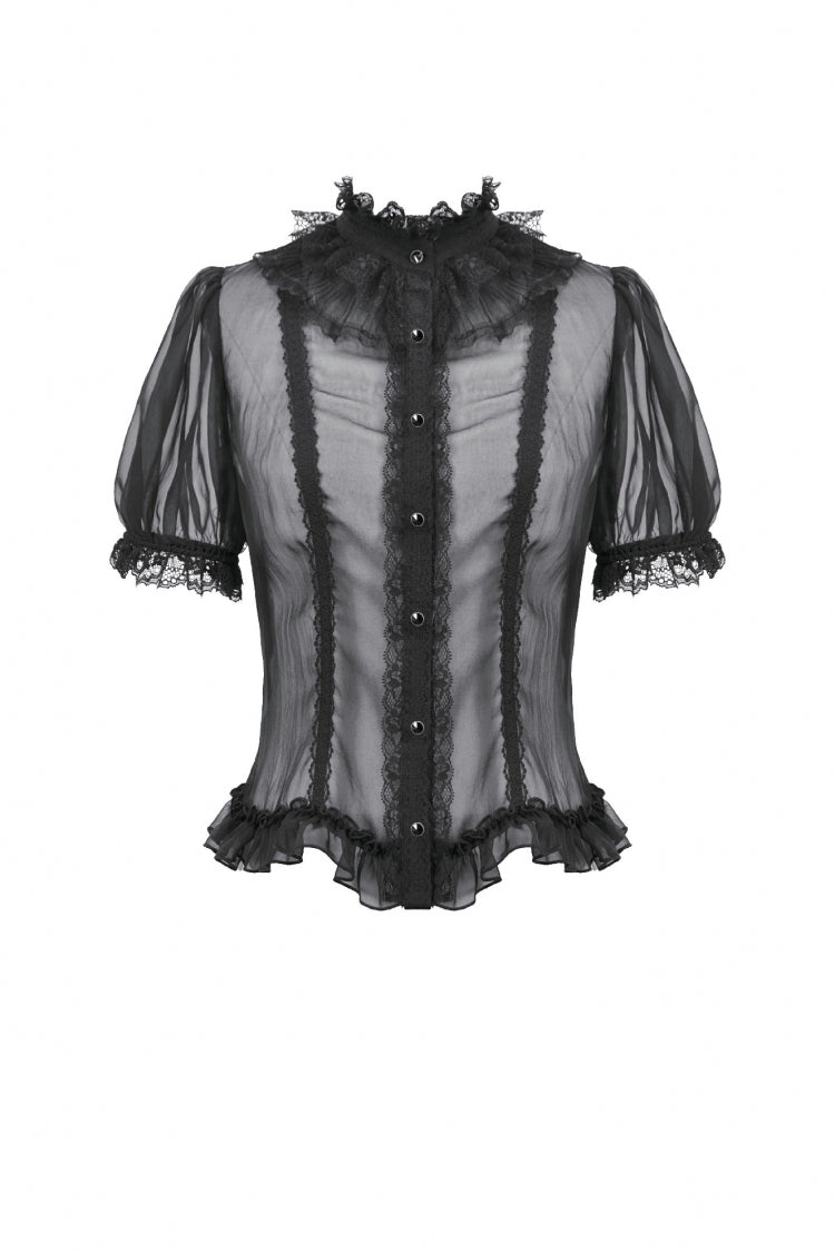 Black Multi-Layered Ruffled Lace Short Puff Sleeves Sheer Women's Courtly Gothic Blouse