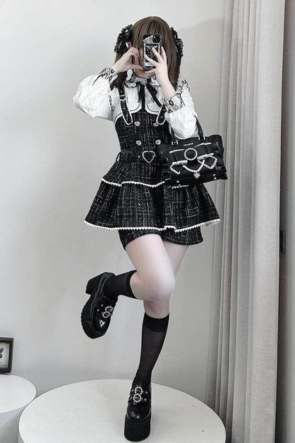 Black Plaid Printed Pearl-Decorated Sweet Jirai Kei Japanese Strap Dress Set