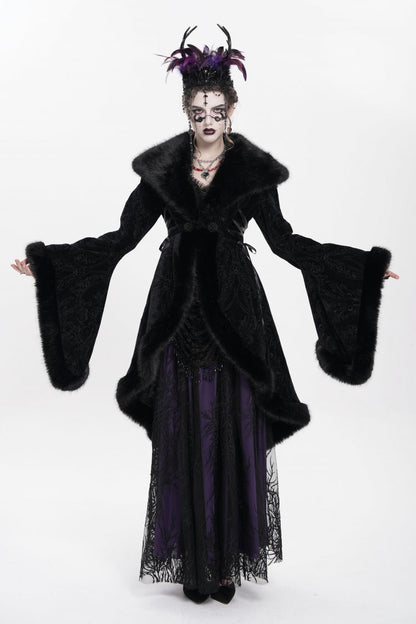 Black Long Sleeves Floral Embroidery Women's Gothic Fluffy Coat
