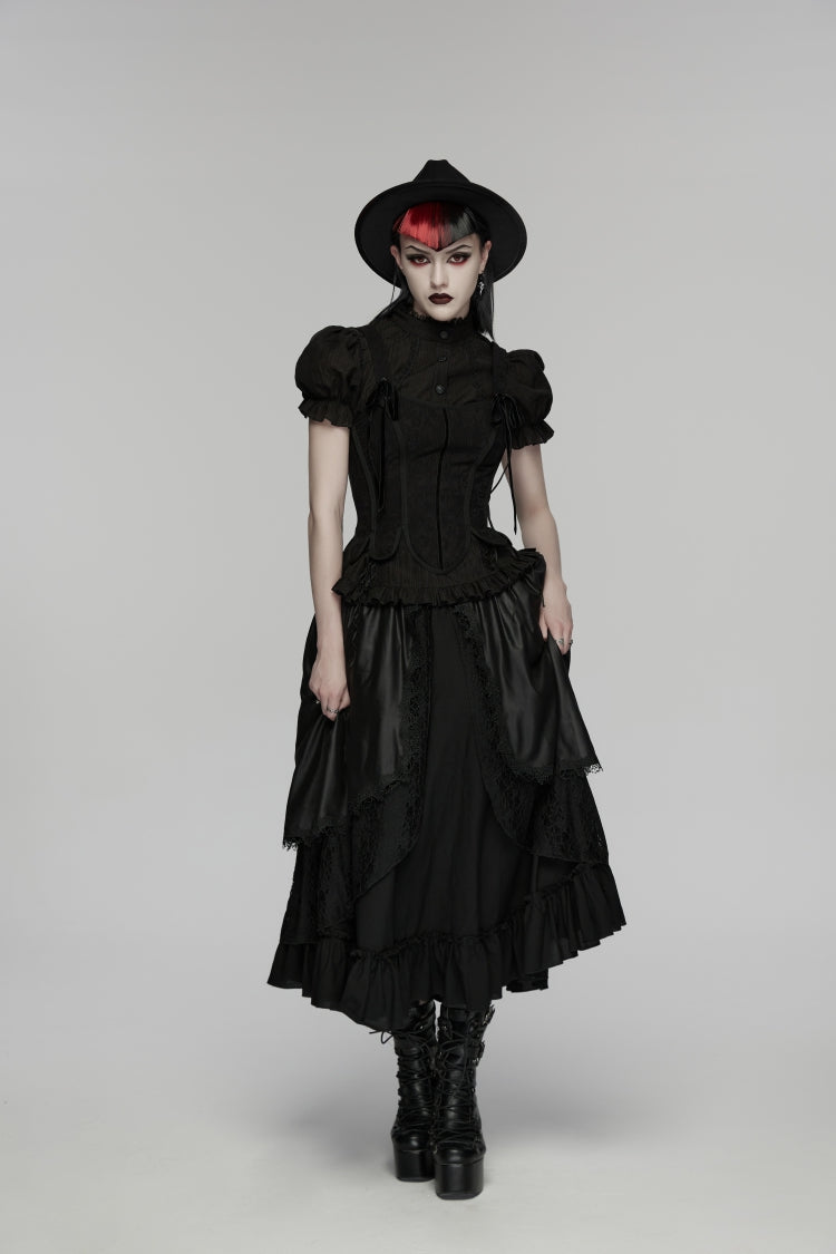 Black High Waisted Multi-Layered Floral Embroidered Lace Pleated Women's Gothic Elegant Cosplay Skirt