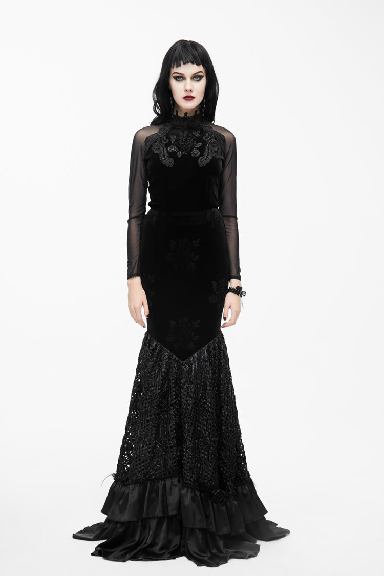 Black High Collar Front Chest Rose Decals Mesh Long Sleeve Rose Embossed Velvet Women's Gothic T-Shirt
