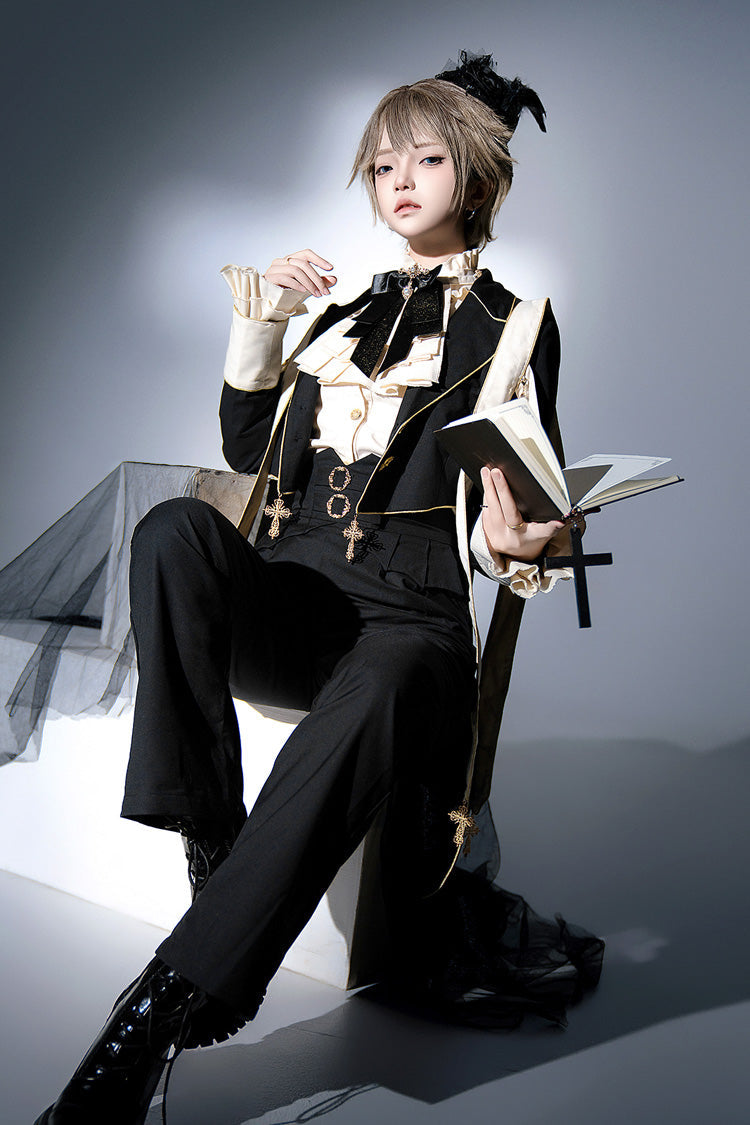 Black Long Sleeves Print Gothic Prince Handsome Ouji Lolita Swallowtail Coat
