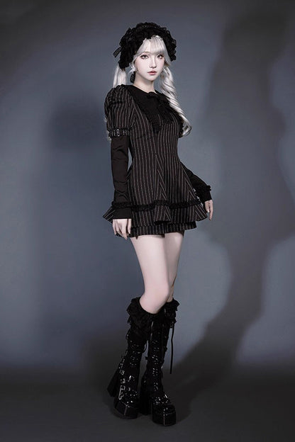 Black Long Sleeves Vertical Stripe Print Ruffle Bowknot Jirai Kei Japanese Witch Set