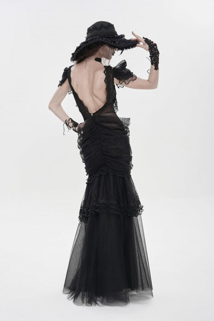 Black Off Shoulder Ruffled Cut-Out Lace Pleated Women's Gothic Dress