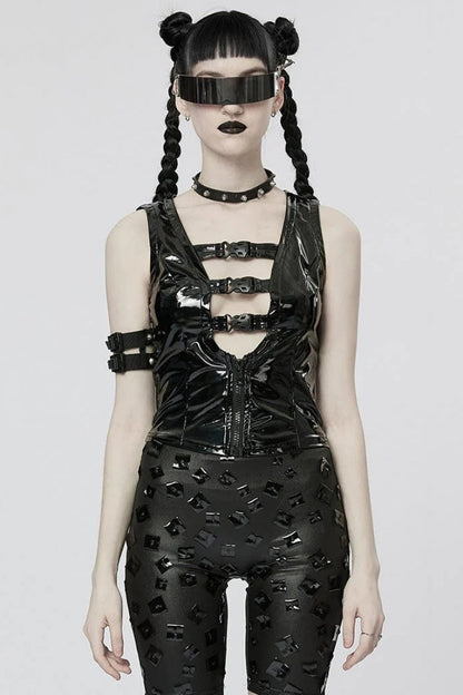 Black Patent Leather Hollow Slim Womens Steampunk Vest