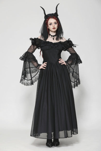 Black Off Shoulder Boat Neck Multi-Layered Long Trumpet Sleeves Lace Spliced Tulle Lace-Up Women's Gothic Fantasy Dress