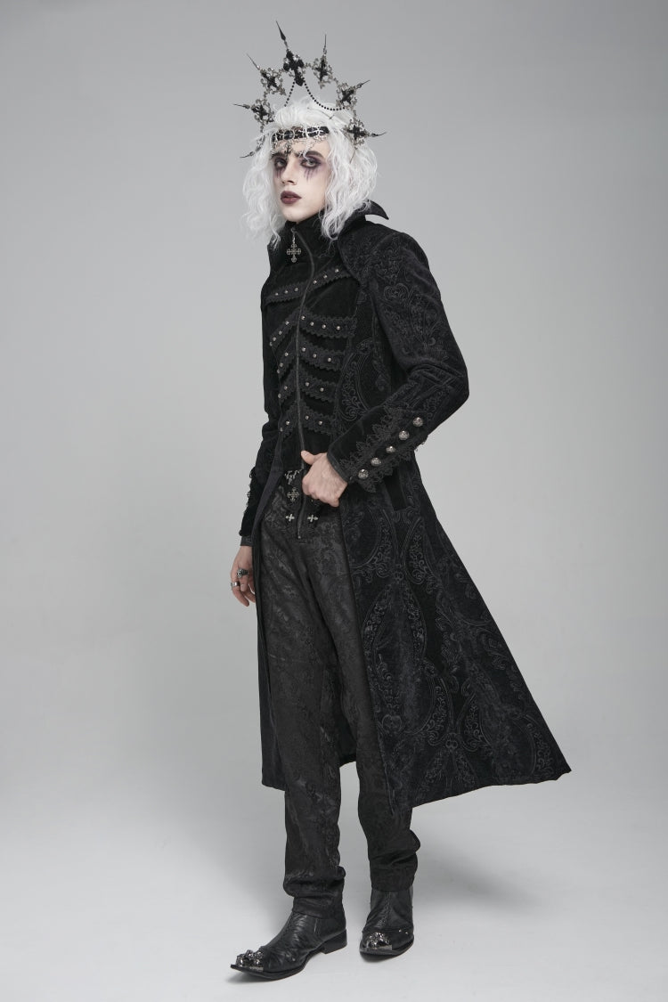 Black Diamante Stand Collar Long Sleeves Printed Zippered Men's Gothic Long Coat