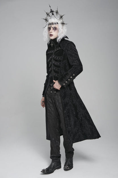Black Diamante Stand Collar Long Sleeves Printed Zippered Men's Gothic Long Coat