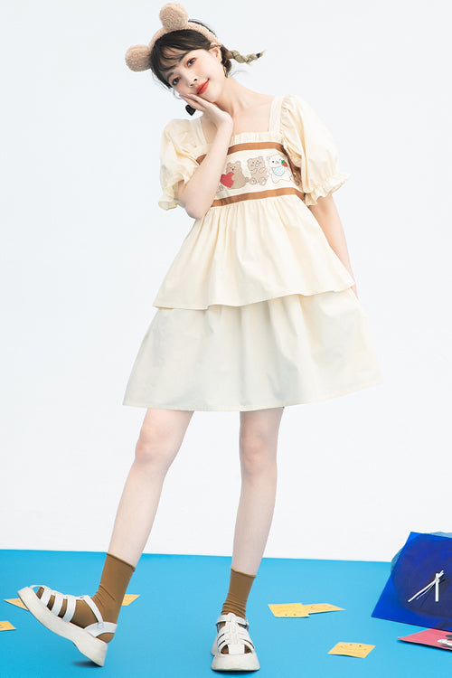 Beige Vintage Square Collar Ruffled Short Sleeves Cartoon Bear Print High Waisted Sweet Lolita Dress