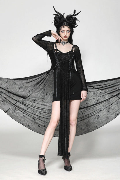 Black Long Sleeves Lace-Up Spiderweb Women's Gothic Elegant Witch Long Dress