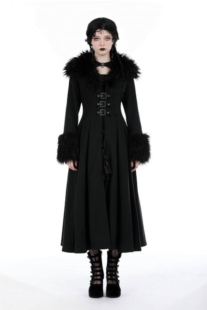 Black Long Sleeves Lace-Up Buckled Women's Gothic Draped Coat with Faux Fur Collar