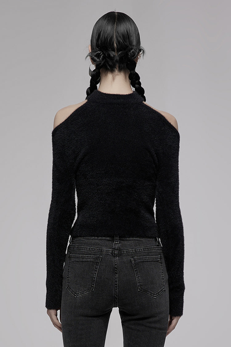 Black Knitted Tight Hollow-Carved Design Metal Cross Decoration Long Sleeve Women's Punk Top