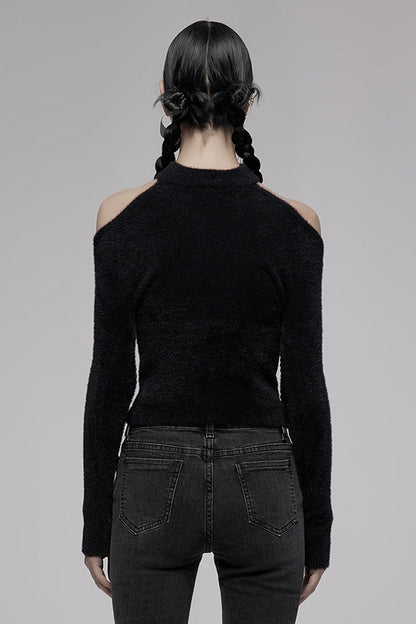 Black Knitted Tight Hollow-Carved Design Metal Cross Decoration Long Sleeve Women's Punk Top
