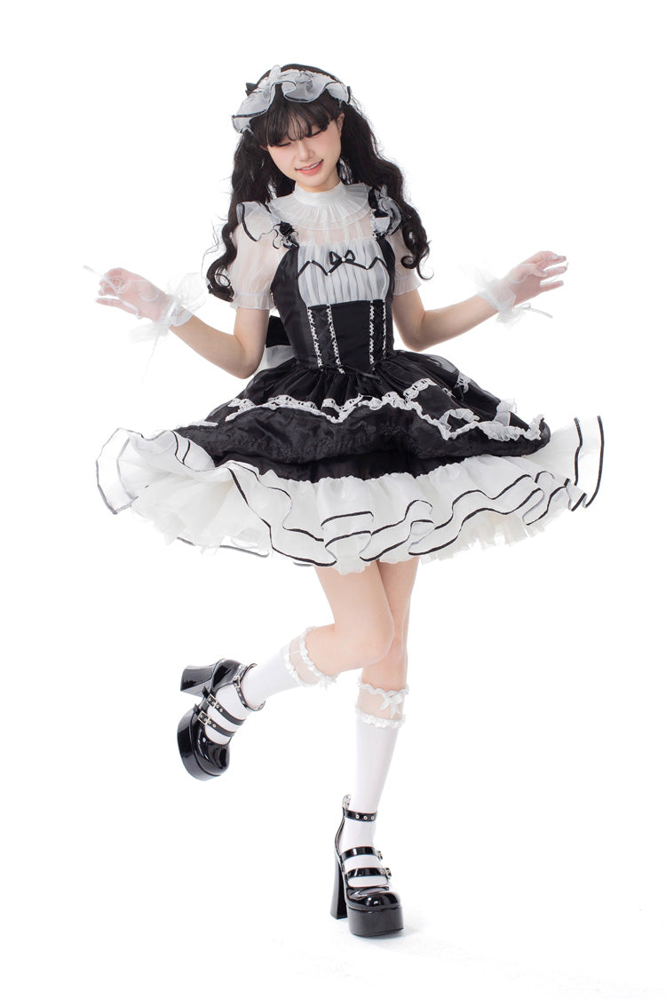 Black Multi-layer Ruffle Bowknot Lace-Up Ballet Style Sweet Princess Lolita Tiered Dress