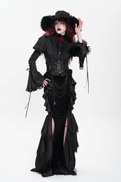 Black Floral Print Lace-Up Rose Chain Women's Gothic Fishtail Skirt