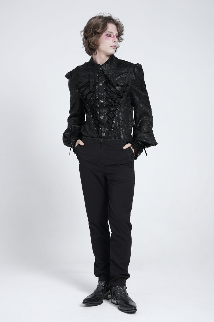 Black Long Puff Sleeves Jacquard Lace Men's Gothic Blouse