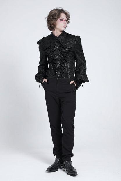 Black Long Puff Sleeves Jacquard Lace Men's Gothic Blouse