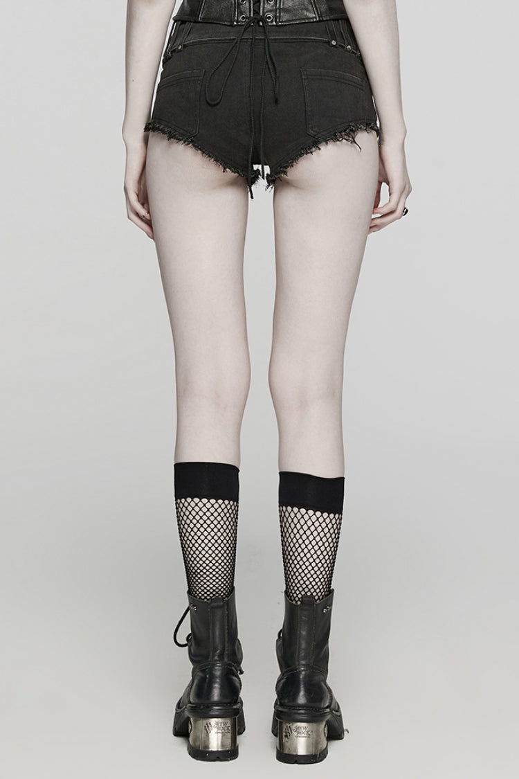 Black Denim Slim Buckle Eyelets Women's Steampunk Shorts