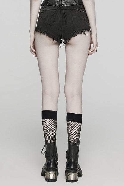 Black Denim Slim Buckle Eyelets Women's Steampunk Shorts