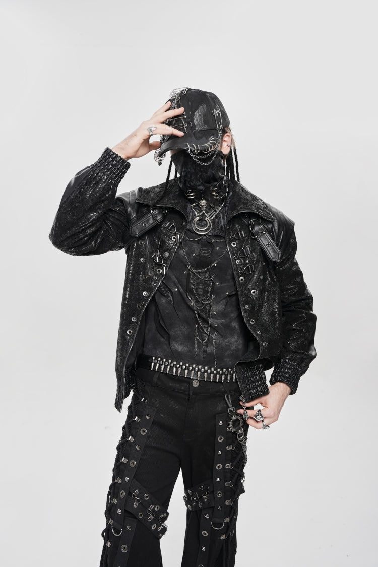 Black Faux Leather Stitching Buckle Zipper Straps Men's Punk Coat