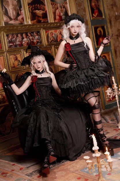 Black  [Letters & Poems · Twilight] Multi-Layered Jacquard Ruffled Witch Gothic Lolita Skirt 2 Versions