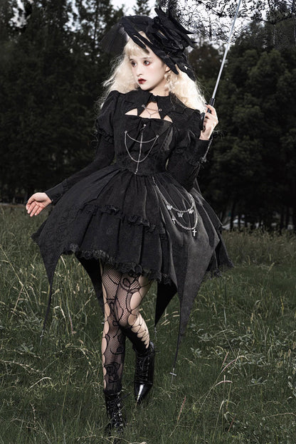 Black Dark Night Law Long Sleeves High Waisted Cardigan Bowknot Lace Gothic Lolita Dress
