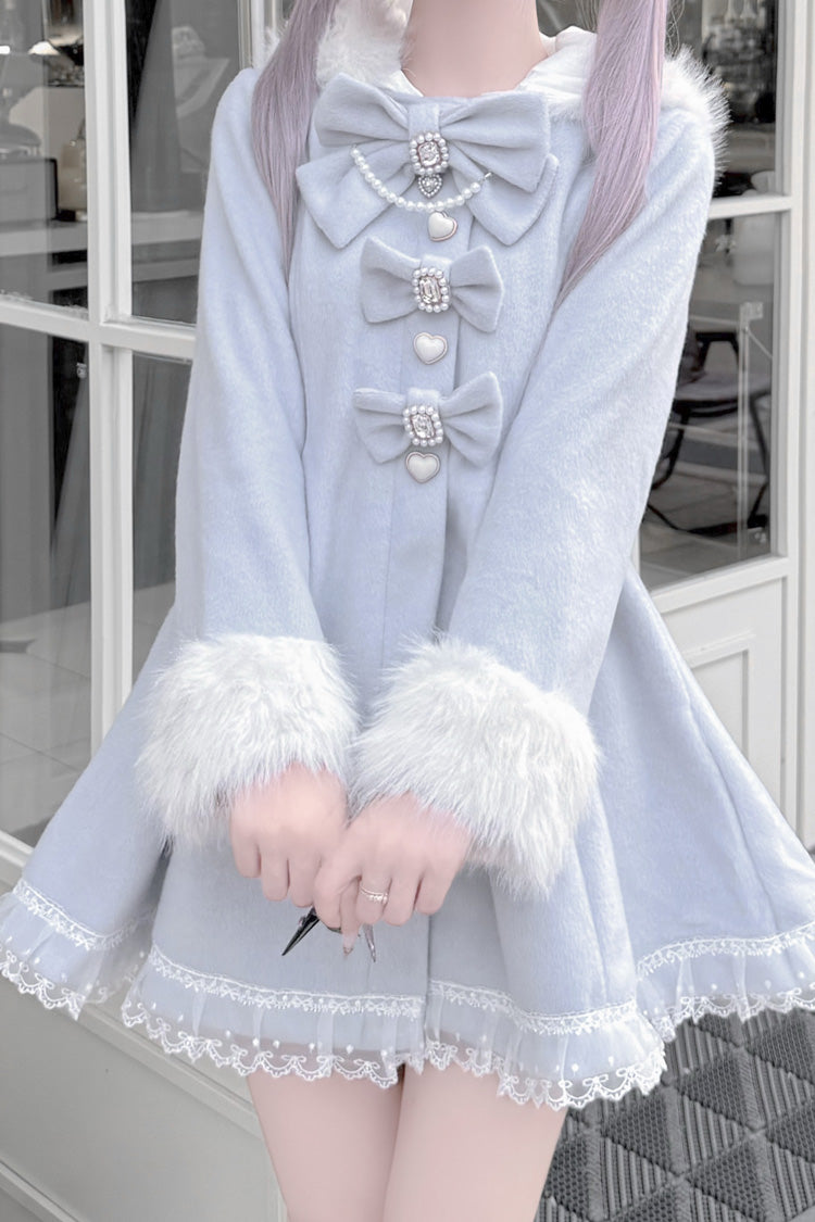 Aqua Long Sleeves Bowknot Rabbit Ears Detachable Hooded Japanese Jirai Kei Coat