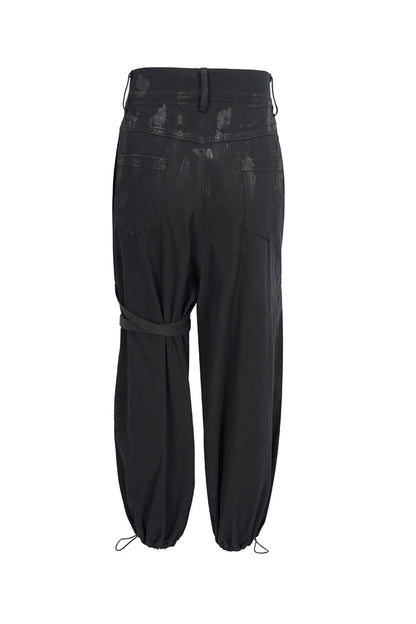 Black Irregular Print Single Side Frenulum Ring Legs Drawstring Closing Women's Punk Pants