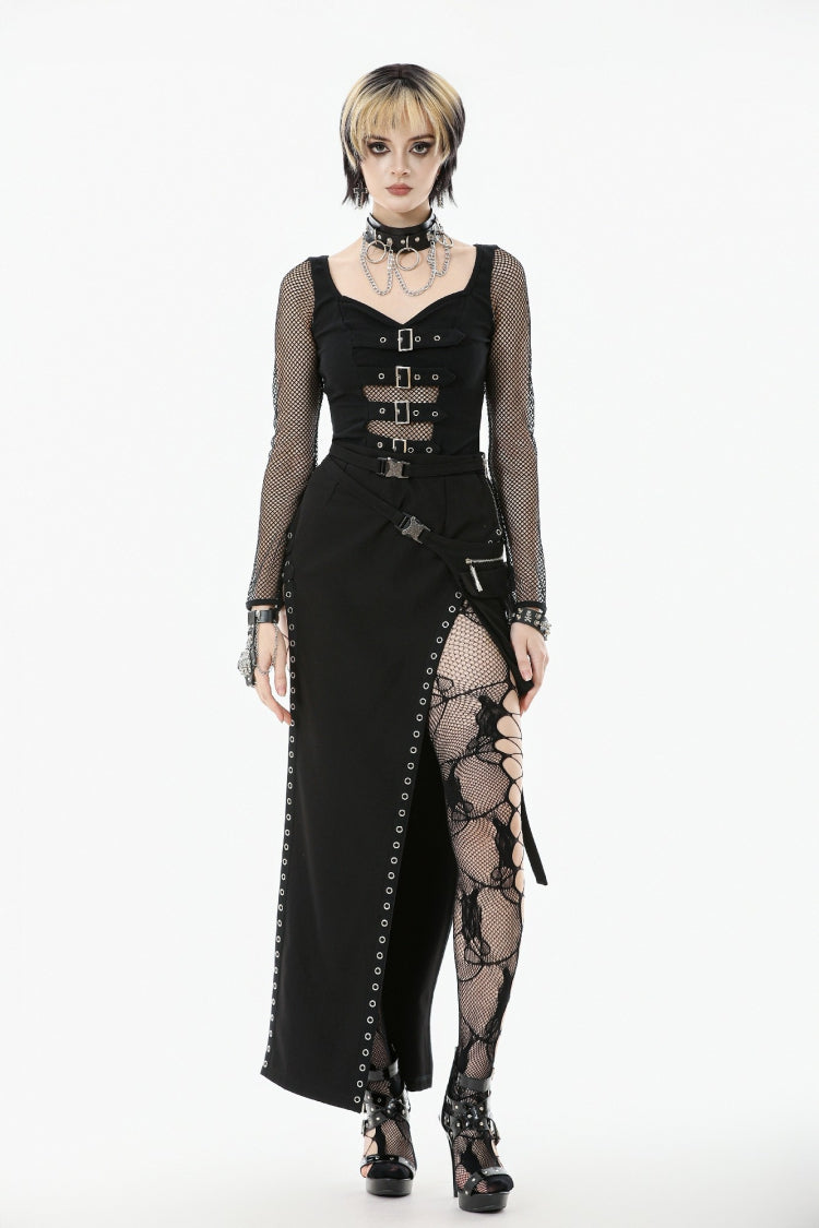 Black Mesh Spliced Long Sleeves Buckled Strap Eyelet Women's Punk Top