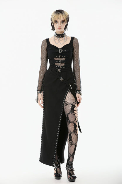 Black Mesh Spliced Long Sleeves Buckled Strap Eyelet Women's Punk Top