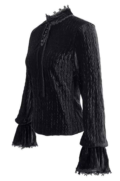 Black Pleated Velvet Trumpet Sleeves Womens Gothic Blouse