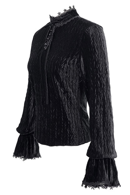 Black Pleated Velvet Trumpet Sleeves Womens Gothic Blouse